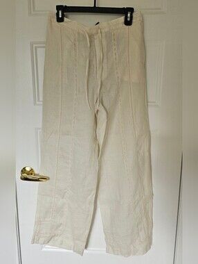 Zara Cream Linen Drawstring Wide-Leg Pants